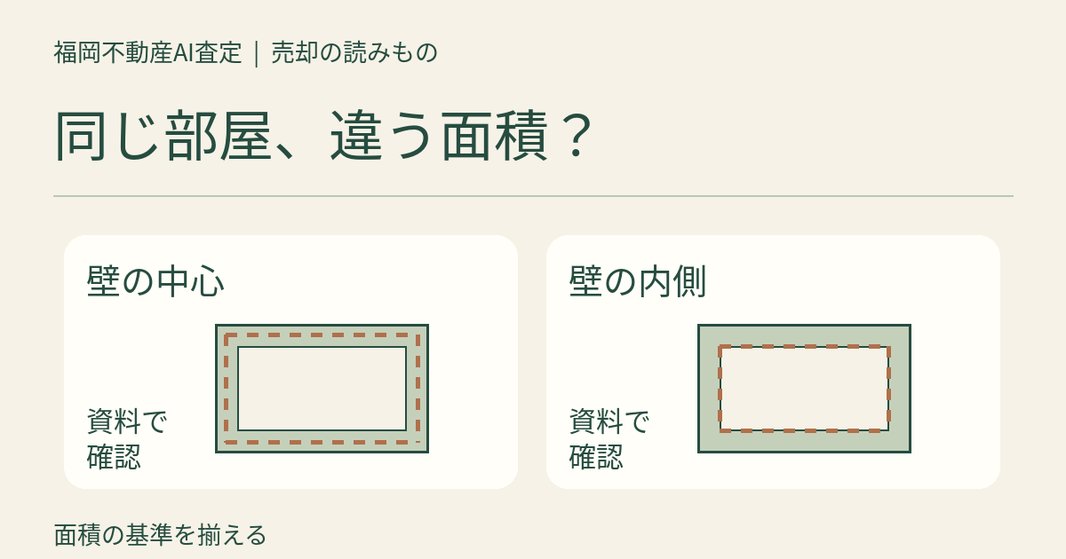 同じ部屋、違う面積？という見出しと、壁の中心と内側を色分けした模式的な部屋、資料のイラスト。実測図ではありません
