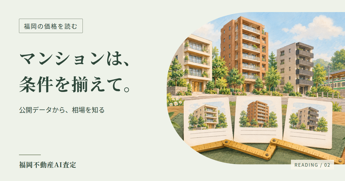 福岡の価格を読む：福岡市の中古マンション相場を比較する条件｜築年・面積・駅距離を揃える。住まいの手描きイラスト