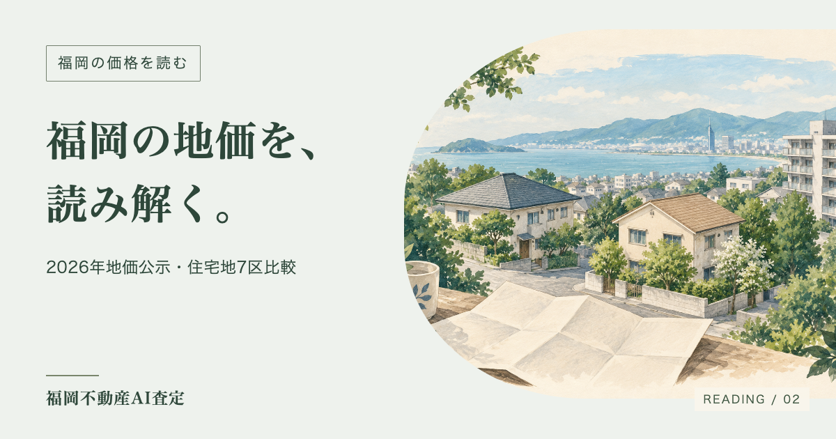 海と緑を背景に住宅が並ぶ、福岡の暮らしをイメージした街並みのイラスト。実在の場所や地図ではありません