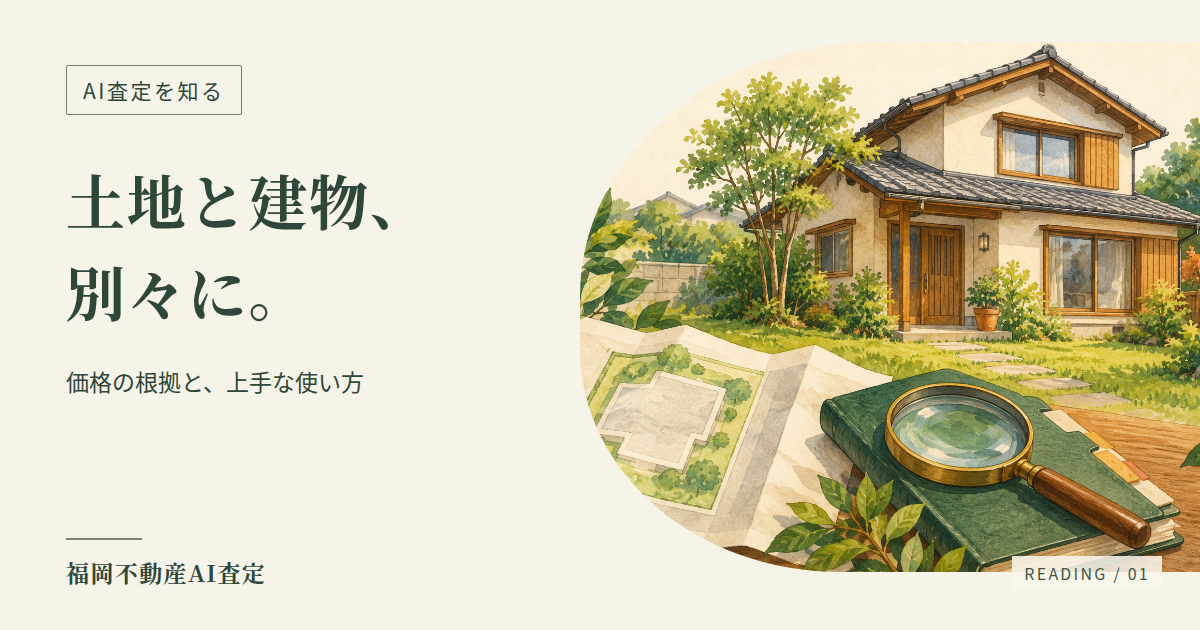 AI査定を知る：戸建ての査定は土地と建物をどう見る？築年数だけで決めない整理法。住まいの手描きイラスト