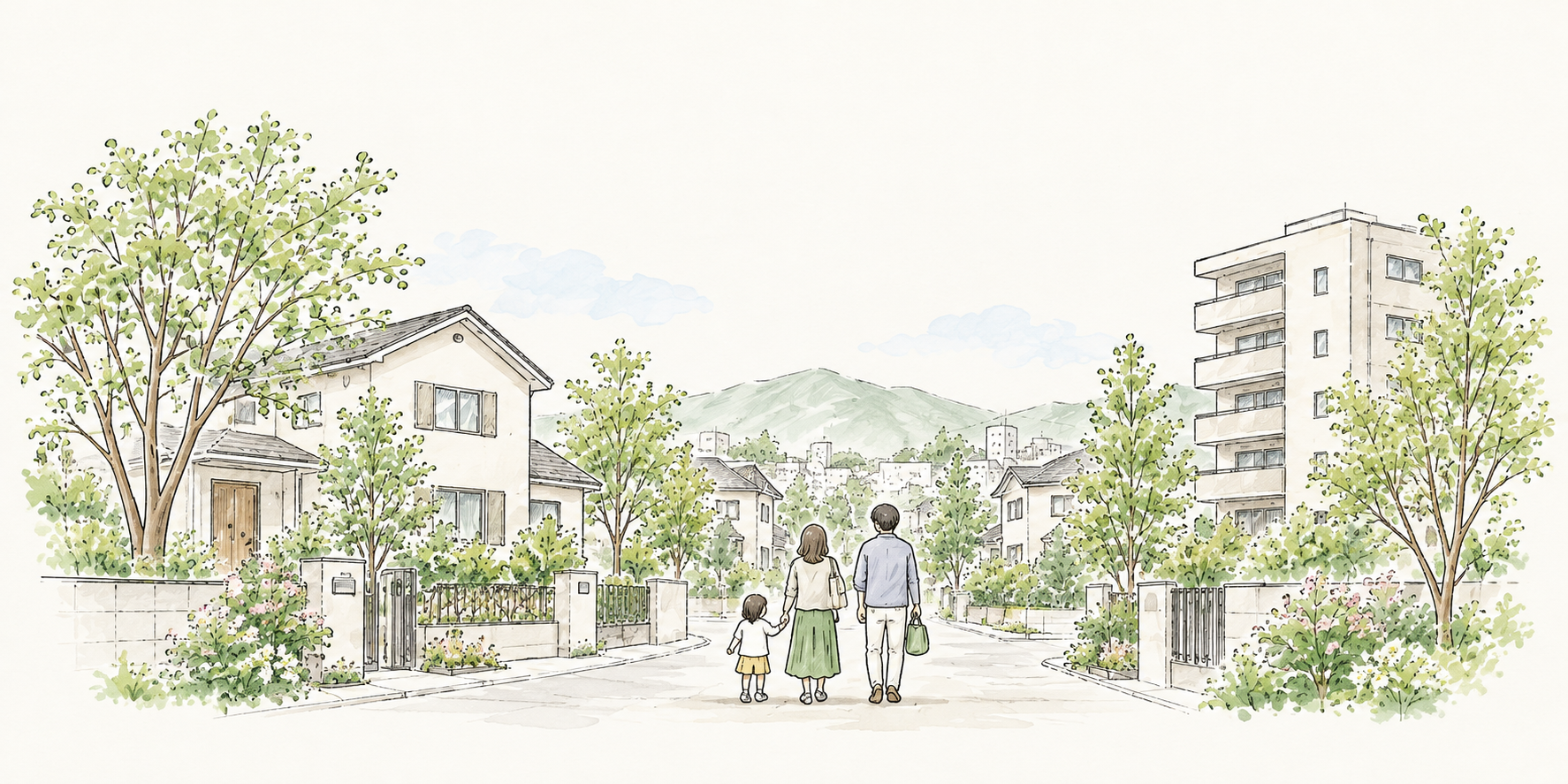 緑のある街並みを歩く家族のイラスト